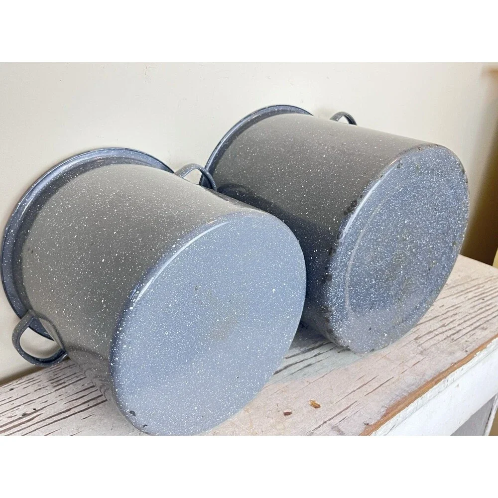 Vintage Grey Speckled Enamelware Set Of Nesting Stock Pots Country Home Camping